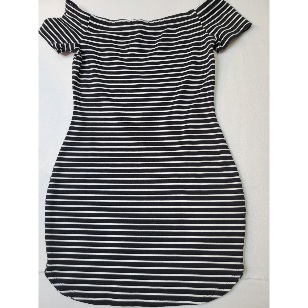 LovelyDay Black White Striped Off Shoulder Bodycon Mini Dress Short Sleeve S 641